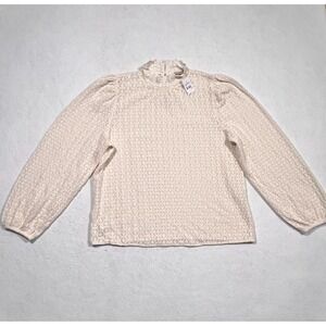 Ann Taylor LOFT Textured Knit Blouse Top Balloon Sleeve Ivory High Neck Large